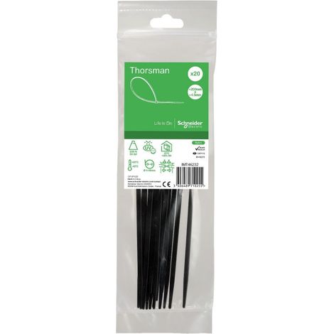 Collier serre-cable noir 200x4.6mm (blister de 20) pour fixation de fils et cables Ø 49.5mm max PA6.6 anti-UV Thorsman (1/2)