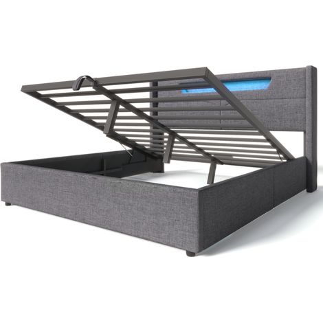 Polsterbett 120x200 cm, mit LED-Beleuchtung, USB- und Typ-C-Anschluss, Leinenstoff, American White Oak (1/5)