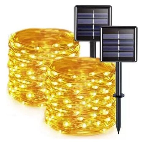 Lot de 2 guirlandes lumineuses solaires d'extérieur, 12 mètres chacune, 100 LED, fil de cuivre étanche et 8 modes, lumières clignotantes solaires pour jardin, mariage, clôture (blanc chaud) (1/4)