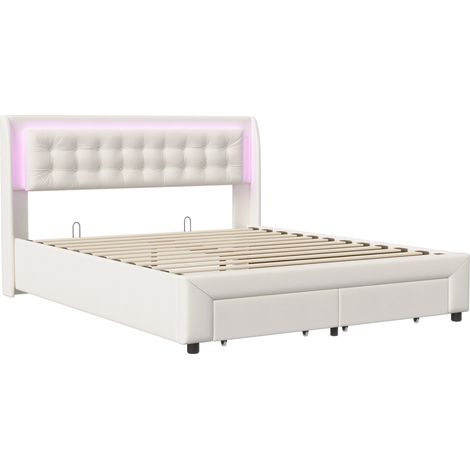Lit coffre avec tiroirs 140 x 190 cm beige en velours (1/5)