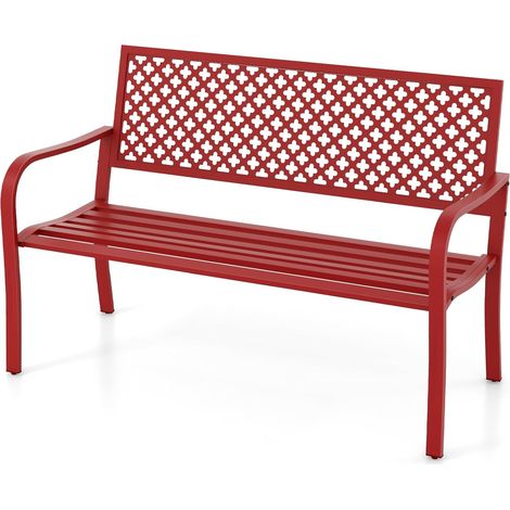 COSTWAY Panchina da Esterno, Panca da Giardin in Metallo con Schienale Traforato, Sedile a Doghe e Braccioli, Panchina Moderna per Cortile, Terrazzo e Giardino, Portata 300 kg (Rosso) (1/5)
