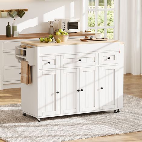 Isla de cocina 137x45.2x92 cm, tablero extensible, 3 cajones, almacenamiento lateral, MDF, blanco natural (1/5)