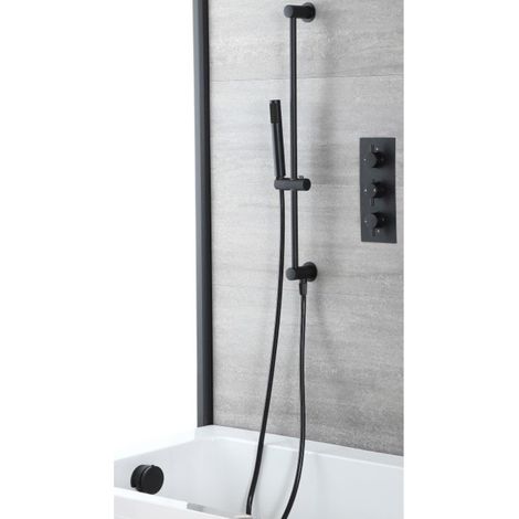Milano Nero 2 Outlet Triple Thermostatic Mixer Shower Valve with Hand Shower Handset Slide Riser Rail Kit and Overflow Bath Filler Tap - Black (1/5)