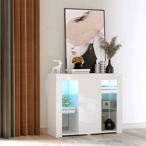 HOMCOM Modernes Sideboard mit LED-Beleuchtung, Buffetschrank mit einer Hochglanztür, Schnappverschluss, verstellbaren Einlegeböden und Fernbedienung, 97 x 35 x 83 cm, Weiß