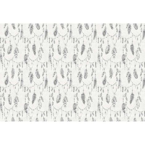 Papier peint panoramique plume gris & blanc Tapisserie panoramique plume pour salon Papier peint panoramique ethnique chambre ado (1/3)