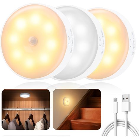 3 Pièces Lampe Détecteur De Mouvement, LED Rechargeable Sans Fil, 3 Modes Lumière, Pour Escalier, Couloir, Armoire (1/5)