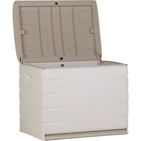 Coffre de jardin 260L cadenassable avec roulettes – Résine beige pour intérieur/extérieur – Poignées pour déplacement facile – Plastiken