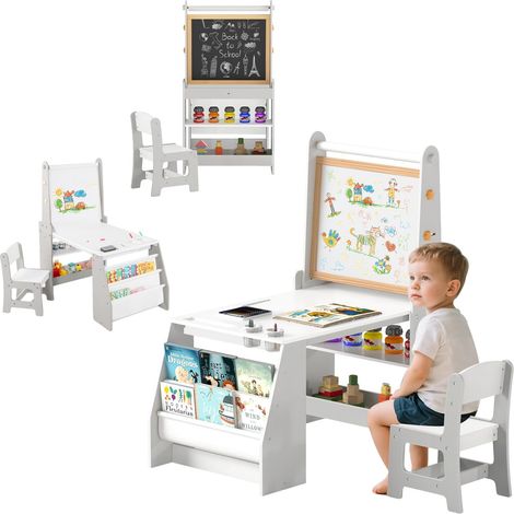 GOPLUS Table Enfant avec Chaise, Table à Dessin en Bois avec Tableau Noir/Blanc, Rouleau de Papier, Gomme, Craies, Gobelets de Peinture, Bureau Enfant en Bois avec Étagère (Gris) (1/5)