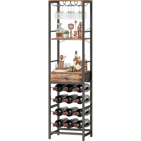 Buffet bar à vin avec tiroir, meuble de bar industriel, rangement pour 12 bouteilles, porte-verres, marron rustique