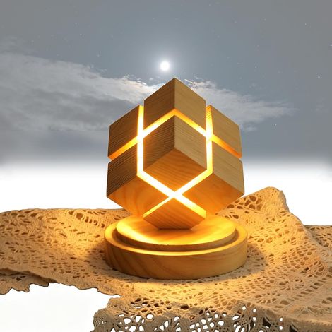 Lampe de nuit en cube bois géométrique, table caoutchouc à LED (1/5)