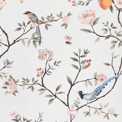 Papier Peint Adhesif Oiseau et Fleur, 44 x 500cm Papier Peint Rose Fleur Bleu Oiseaux Arbre Jungle Papier Autocollant pour Meuble, Chambre, Salon, Salle de Bain, Cuisine, Tiroir (1/5)