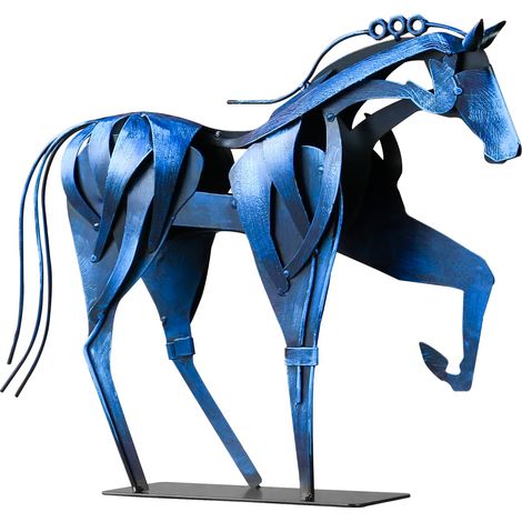 Hame Decor Handbemalte Metallskulptur für Büro, Haus und Garten, stehendes Pferd, Blau, 15,25" x 13,25"