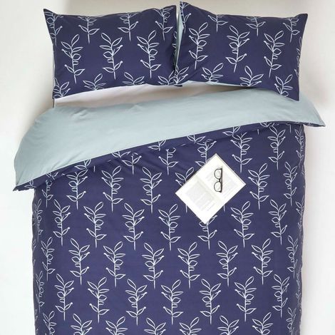 HOMESCAPES Blue Leaf Digitally Printed Cotton Duvet Cover Set, Super King