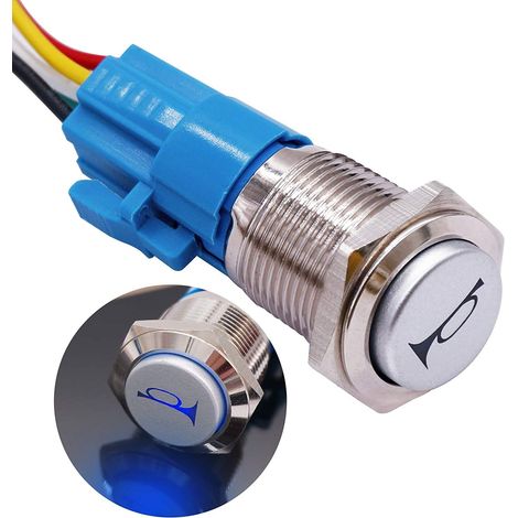 16mm Interrupteur à bouton de klaxon momentané bouton-poussoir 12V Commutateur de Horn Interrupteur de réinitialisation Bouton avec Lumières LED bleu avec prise pour voiture Camion (1/5)