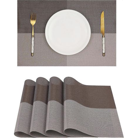 Ensemble de 4 sets de table à carreaux marron clair et foncé, en vinyle tissé lavable, pour la décoration de la table de cuisine et de salle à manger (1/5)