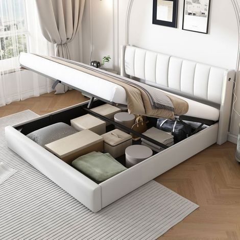 Lit coffre 160x200 cm pu blanc avec led et ports usbtype-c - lit rembourré - tête de lit réglable, sommier inclus, grand rangement (1/5)