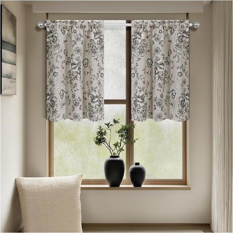 Cortinas cortas estampadas semitransparentes de 2 piezas con cenefa y funda para barra，ancho x largo (60 x 90 cm (24 x 35 pulgadas))