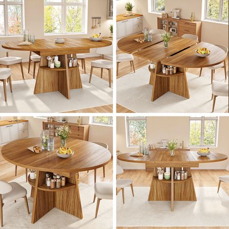 Table de salle à manger extensible avec étagère de rangement ouverte dans les pieds, table multifonctionnelle gain de place pour petits espaces, salon et salle à manger, plateau épaissi, coins arrondi (1/5)
