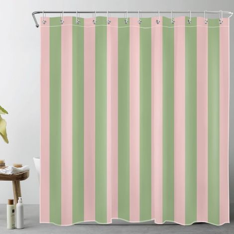 Rideau de douche à rayures roses et vertes pour salle de bain, moderne, abstrait, minimaliste, à rayures verticales avec 12 crochets, ensemble de rideaux de douche vintage esthétiques, 198 x