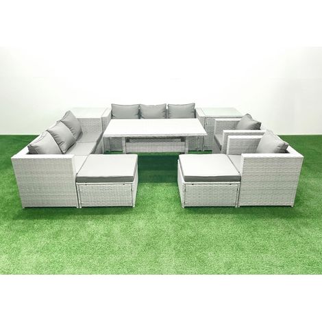 Fimous Rattan Gartenmöbel-Set Outdoor 8 Sitzer mit Esstisch 2 Sesseln 2 Beistelltischen 2 Großer Hockern Hellgrau gemischt (1/4)