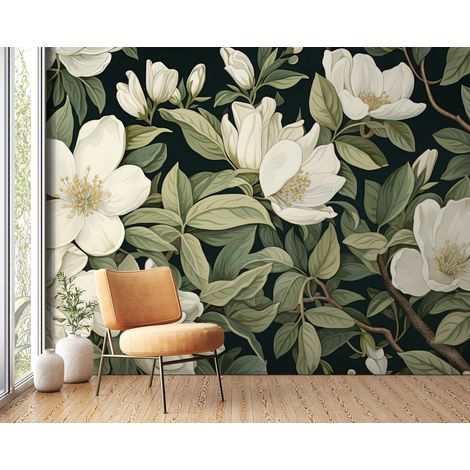 Papier peint fleuri - magnolia blanc moderne - 150 x 250 cm (1/2)