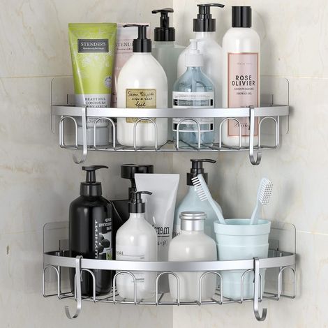 étagère Douche,Rangement Douche ,étagère Salle De Bain En Acier Inoxydable avec 4 Crochets Noirs, 2 pièces (1/5)
