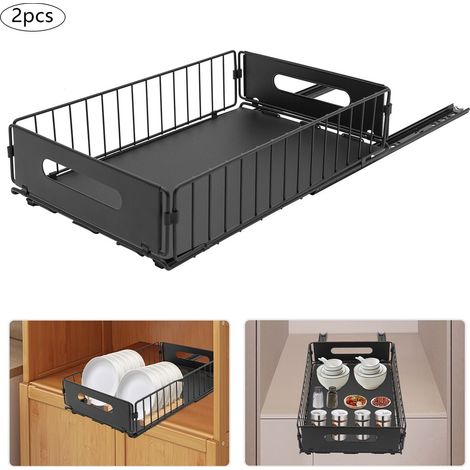2 pièces Noir petit panier extensible Cuisine Organisateur de placard de cuisine Tiroir de rangement extensible (1/5)
