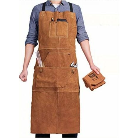Welder Apron with 6 Pockets, Flame Retardant Heat Resistant Leather Work Apron, Men's Carpenter Apron Adjustable from M to XXXL, Perfect for Blacksmith, Mechanic, Workshop (1/5)