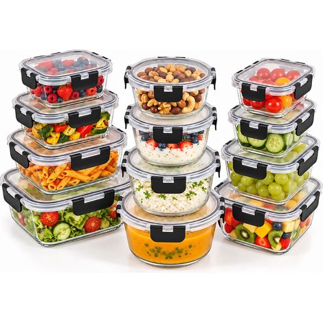 Relaxdays Frischhaltedosen 12er Set, 9 Größen, Glas, luftdichte Klickdeckel, mikrowellengeeignet, Glasdosen, transparent (1/5)