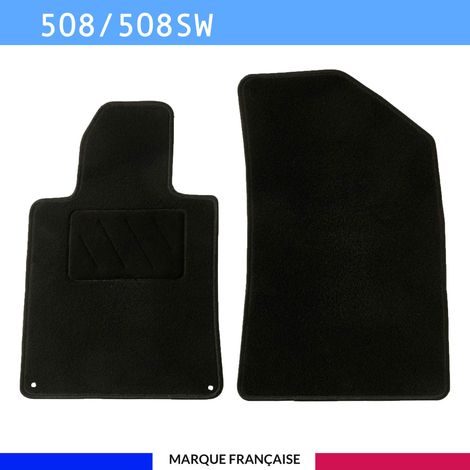 Tapis de sol voiture - Sur mesure pour Peugeot 508 / 508 SW (01/2011-09/2018) - Antidérapant : Clips de fixations et scratch - Tapis de sol avant 2 pièces - Moquette - Noir (1/4)