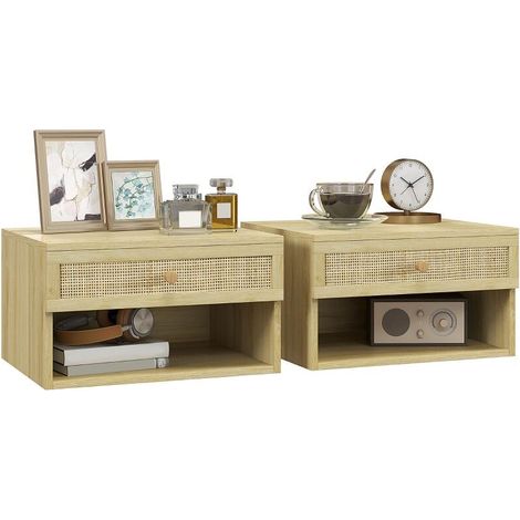 Lot de 2 tables de chevet murales tiroir coulissant, niche, plateau - en bois dim. 40L x 34l x 23H cm (1/5)