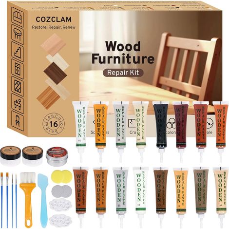 Kit Réparation Parquet Stratifié, 16 Couleurs Mastic Bois Comprend Pâte à Bois et Cire d'Abeille, Kit Réparation Bois pour Restaurer les Meubles - Décoloration, Rayures, Fissures (1/5)