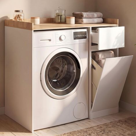 Mueble de lavadora con cesto de ropa TOMI en blanco y madera efecto haya (1/5)