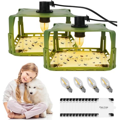 Juego de 2 trampas para pulgas domésticas, lámparas antipulgas domésticas, inodoras, no tóxicas, de luz natural, con 4 luces y 12 discos adhesivos, para alfombras y ropa de cama. (1/5)