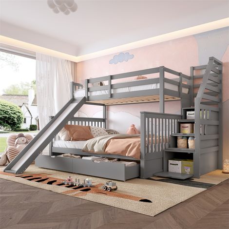 Lit Superposé 90x200 / 140x200cm avec Toboggan, Escalier de Rangement & Tiroirs - Bois de Pin Massif - Gris Moderne (1/5)