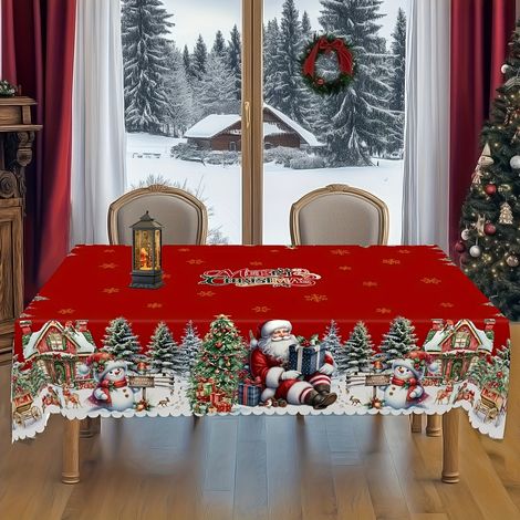 Rechteckige Weihnachtstischdecke mit Motiven von Weihnachtsmann, Schneemann und Weihnachtsbaum, rechteckige Tischdecke (1/4)