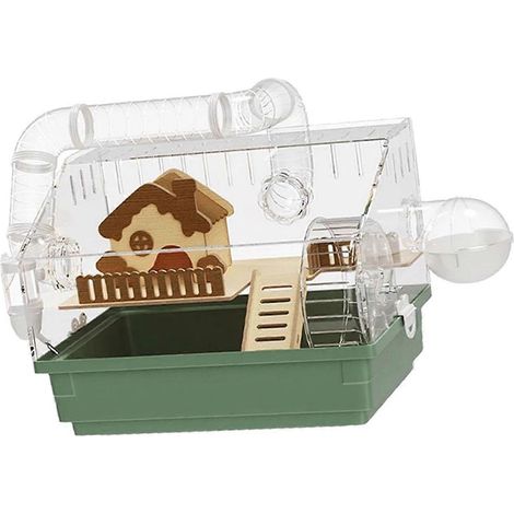 Cage transparente pour petits animaux avec cabane en bois et escalier, un habitat ludique, adapté aux hamsters nains et aux souris de compagnie, verte. (1/5)