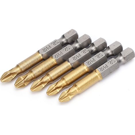 Lot de 5 embouts tournevis cruciformes PH2, tige hexagonale 1/4", 50mm, antidérapant (1/5)