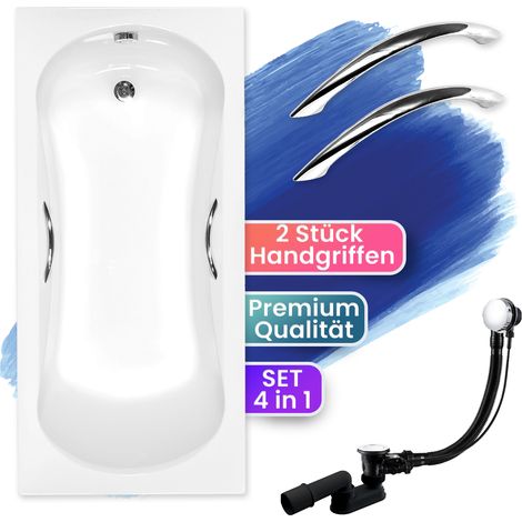 Badewanne Rechteck 130x70 + Handgriffen, Ablaufgarnitur & Füßen GRATIS - Komplettset 4in1 Original Acryl Wanne Siphon - BADLAND ARIA PLUS (1/5)