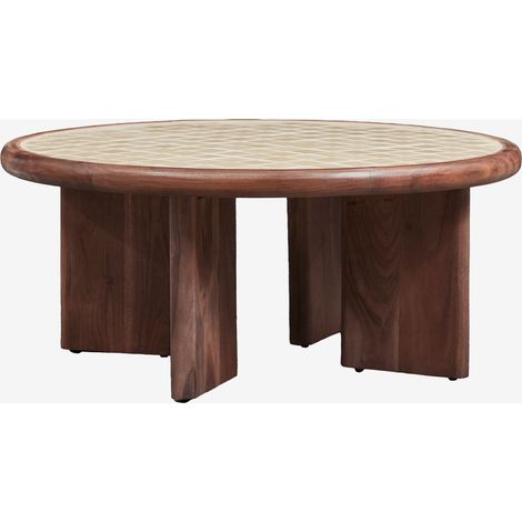 SKLUM Runder Couchtisch Ø80 cm aus Akazienholz und Aitana-Fliesen Beige Tapioca - Akazienbraun dunkel                                  