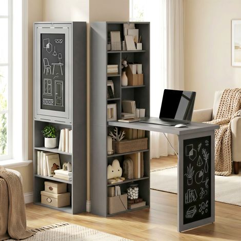Bureau d'ordinateur pliable avec bibliothèque à 9 niveaux en bois et métal, 98 x 51 x 153 cm, gris (1/5)