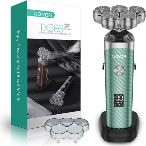 Men's Electric Shaver 5 Floating Heads Green Men's Electric Shaver Rotary Rechargeable Wireless Waterproof Beard Shaver with LED Display 150 Min Battery Life (1/5)