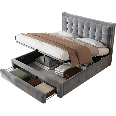 Lit Coffre Lit Double 140×190 cm avec 2 Tiroirs et Tête Réglable, sans Matelas, Velours Gris (1/5)