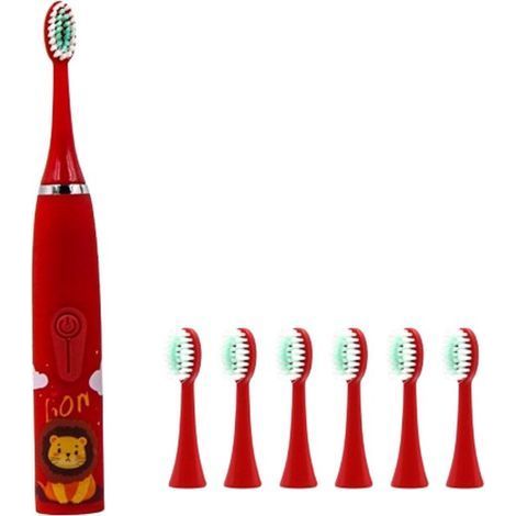 Ynkkvre - Brosse à dents électrique pour enfants - Étanche IPX7 - Vibrations douces pour les gencives sensibles - 6 têtes de brosse - À partir de 6 ans - Rouge (1/5)