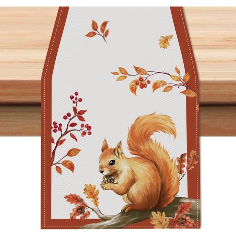Tischläufer 33 x 183 cm, Herbstmotiv: Eichhörnchen, Eule, Herbstlaub, Erntedankfest, Küche, Esszimmer, Dekoration für drinnen und draußen (1/4)