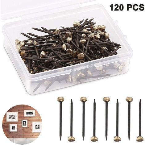 Lot de 120 clous à tête en laiton trempé, crochets pour tableaux, punaises murales de 25 mm de long, avec boîte de rangement en plastique. (1/4)