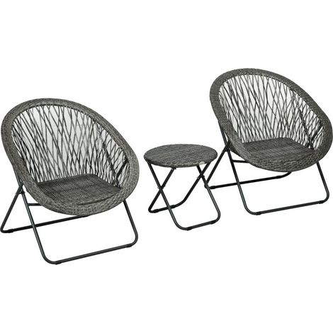 Ensemble mobilier jardin 3 pièces imitation rotin : 2 chaises et 1 table pliables, couleur gris (1/5)