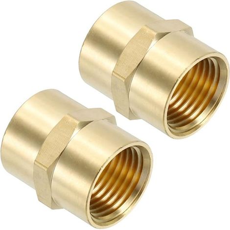 1/2" x 1/2" Laiton NPT Coupleur, 2 Pack Femelle Hexagonal Tête de Pipe Raccord Coupleur pour les Tuyaux de Plomberie Domestique Bases de Pomme de Douche, Or (1/4)