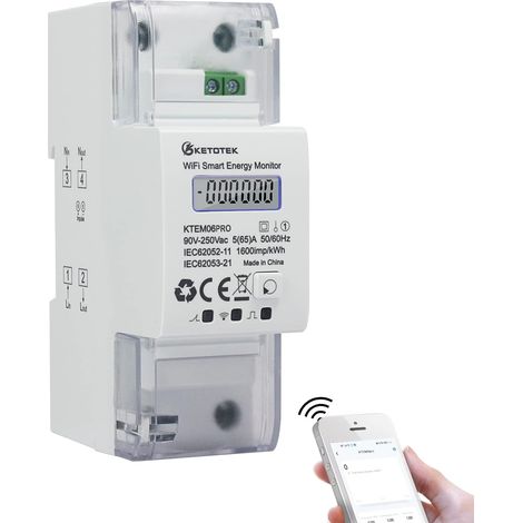 Compteur d'énergie Bidirectionnel Compteur électrique Monophasé 5(65) A 90-250V Compteur Electrique Consommation Wattmètre sur Rail DIN Mesure Consommation Electrique (1/5)