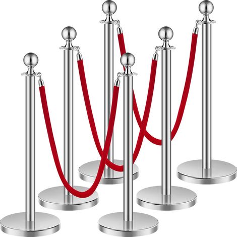 Poteau de guidage, 6 pcs, barrière de balisage pour contrôle de foules, avec base creuse, 3 cordes velours rouge et poteaux argentés en acier inox, pour file d'attente en public, hôtel, fête (1/5)